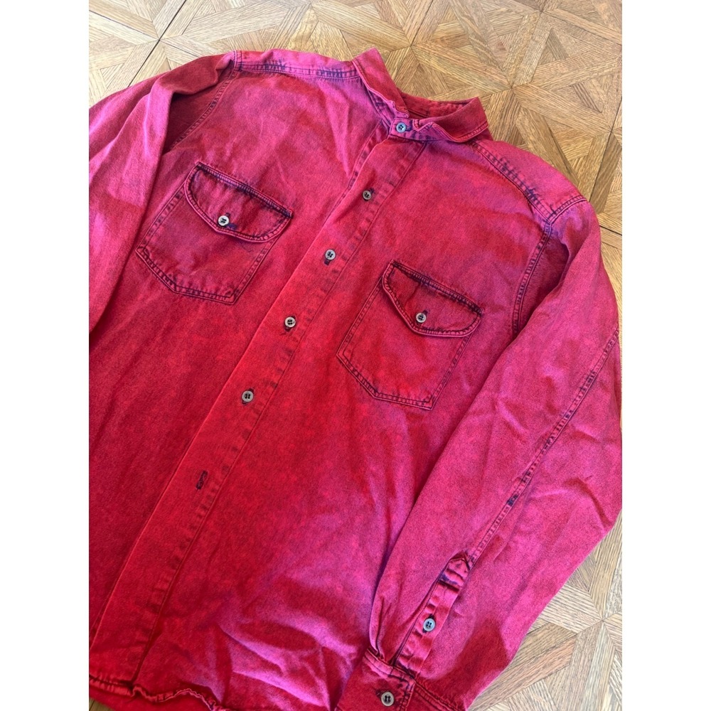 Vintage Calvin Klein Blue Jeans Red Acid Wash Denim Shirt Mens XL Long Sleeve 10